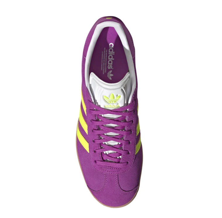 adidas Gazelle Purple Sneakers with Yellow Stripes & Gum Soles