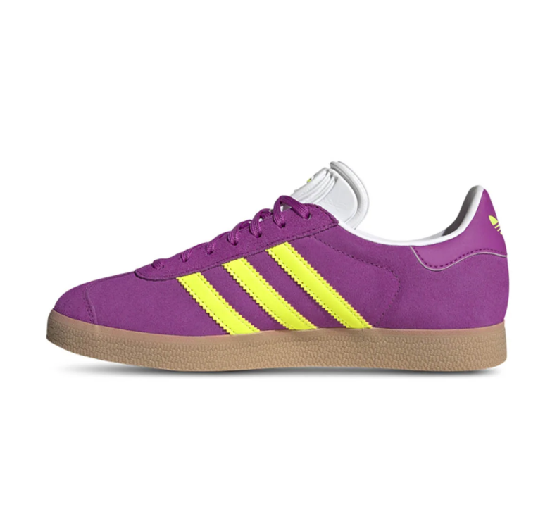 adidas Gazelle Purple Sneakers with Yellow Stripes & Gum Soles