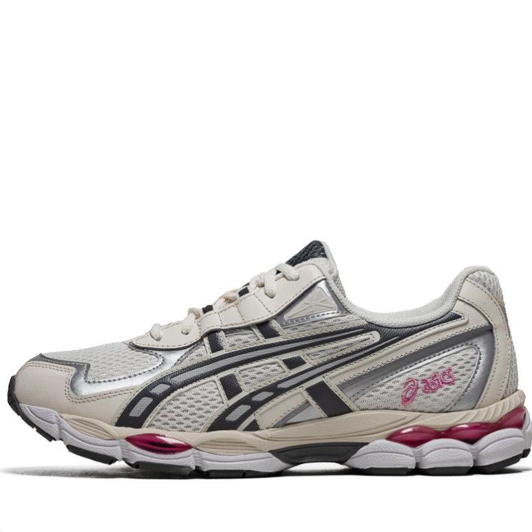 ASICS Cream & Silver Sneakers with Black Stripes & Pink Accents