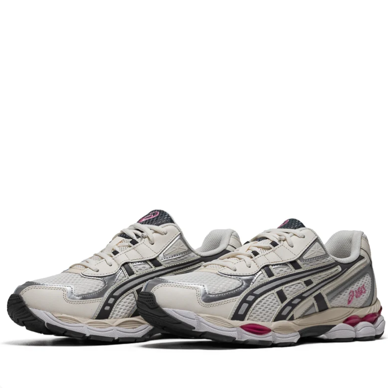 ASICS Cream & Silver Sneakers with Black Stripes & Pink Accents