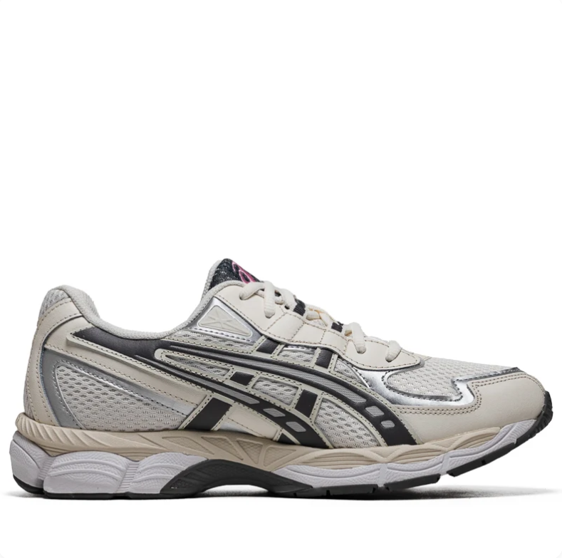 ASICS Cream & Silver Sneakers with Black Stripes & Pink Accents