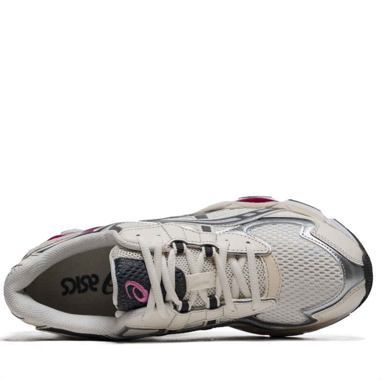 ASICS Cream & Silver Sneakers with Black Stripes & Pink Accents