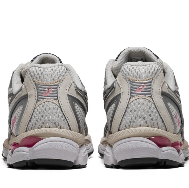ASICS Cream & Silver Sneakers with Black Stripes & Pink Accents