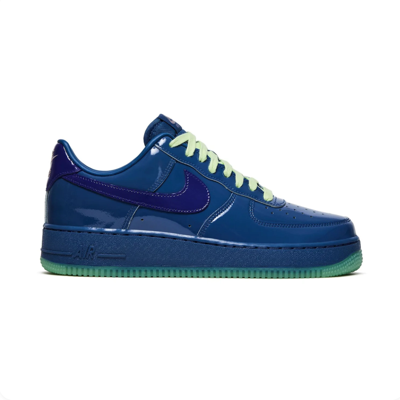 Nike Glossy Blue Low-Top Sneakers with Purple Swooshes & Mint Green Soles