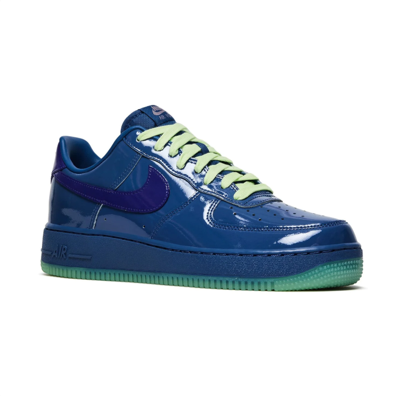 Nike Glossy Blue Low-Top Sneakers with Purple Swooshes & Mint Green Soles