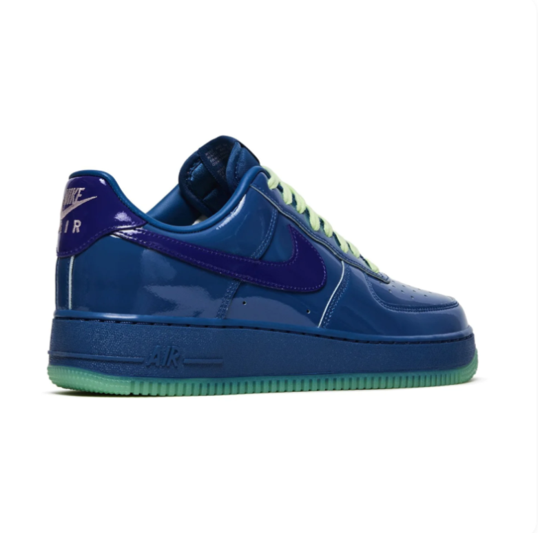 Nike Glossy Blue Low-Top Sneakers with Purple Swooshes & Mint Green Soles