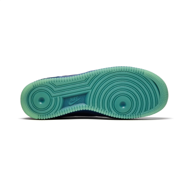 Nike Glossy Blue Low-Top Sneakers with Purple Swooshes & Mint Green Soles