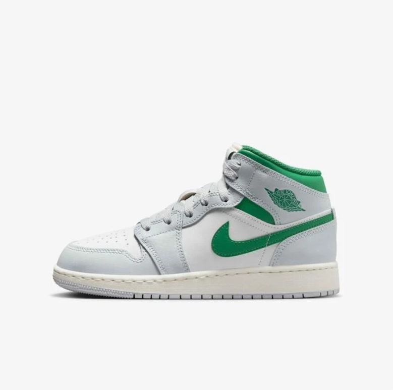 Air Jordan Mid-Top Sneakers in White, Light Gray & Green