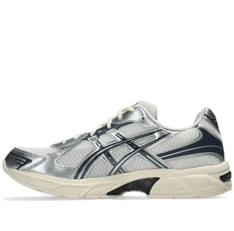 ASICS Silver & White Sneakers with Black Details & Cream Soles