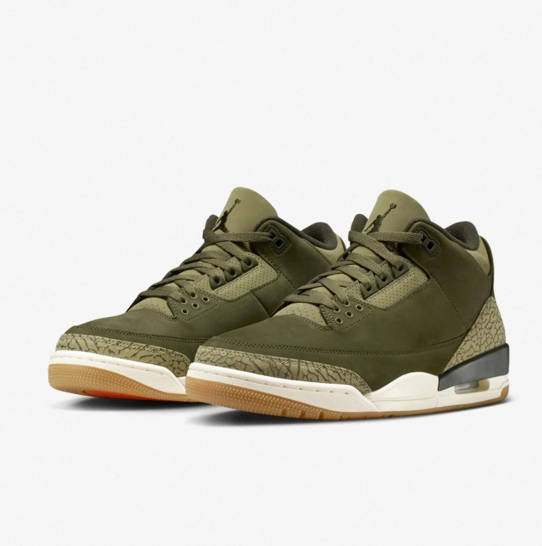 Air Jordan Olive Green Sneakers with Elephant-Print Details & Gum Soles