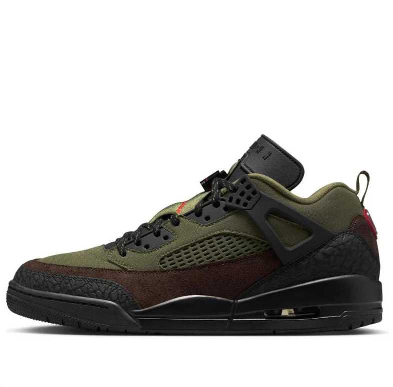 Air Jordan Sneakers in Olive Green & Brown with Black and Red Details