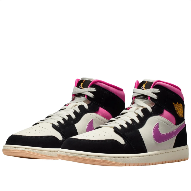 Air Jordan Mid-Top Sneakers in Black & Off-White with Pink Accents