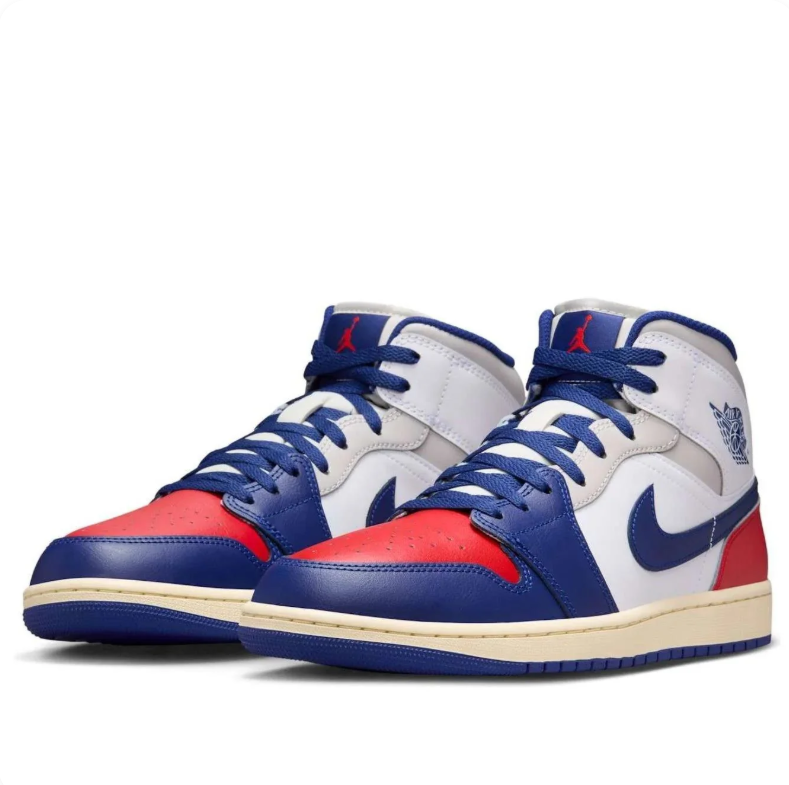 Air Jordan Mid-Top Sneakers in White, Navy Blue & Red