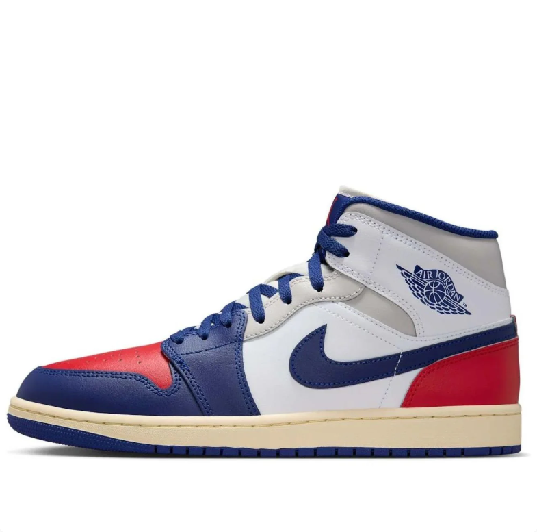 Air Jordan Mid-Top Sneakers in White, Navy Blue & Red