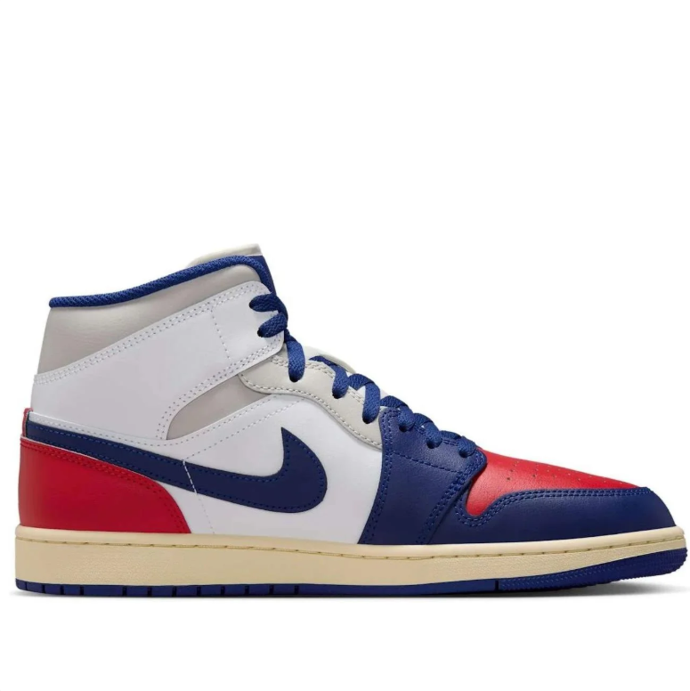 Air Jordan Mid-Top Sneakers in White, Navy Blue & Red