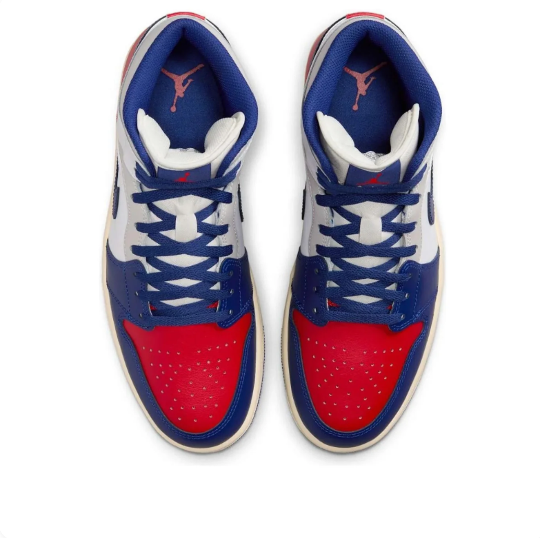 Air Jordan Mid-Top Sneakers in White, Navy Blue & Red
